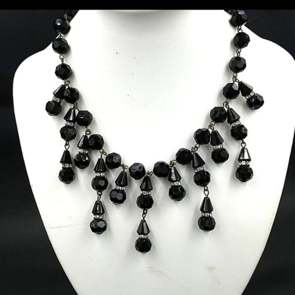 Vintage 1950's Black Glass Bead Fringe Necklace
